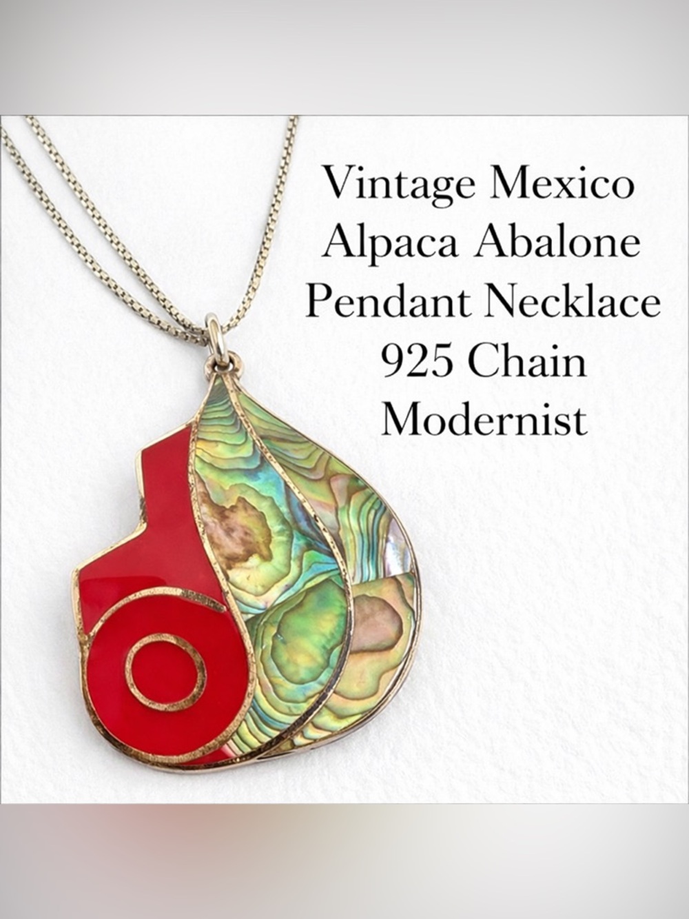 Vintage Mexico Alpaca Abalone Pendant Necklace 925 Chain Modernist